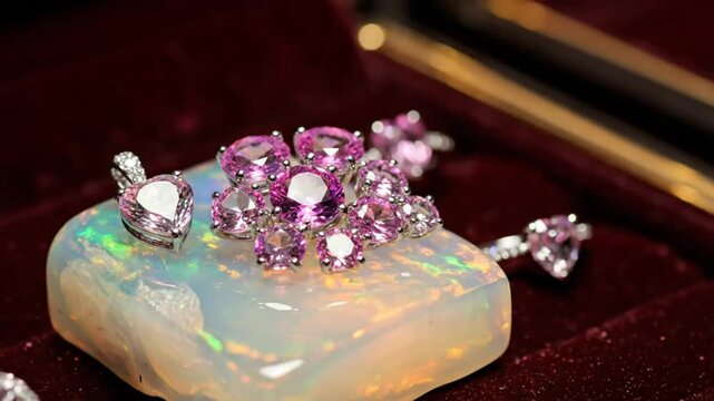Luxurious collection of pink gemstones and white gold jewelry on a polished opal stone, elegant studio still life