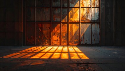 Rusty industrial space with sunlight streaming through a grid window
