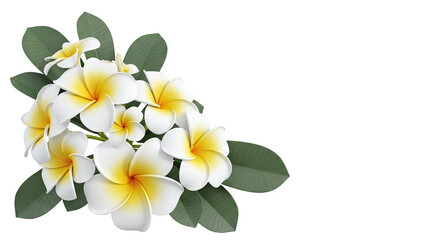 Obraz premium Plumeria Flowers with Green Leaves on White Background