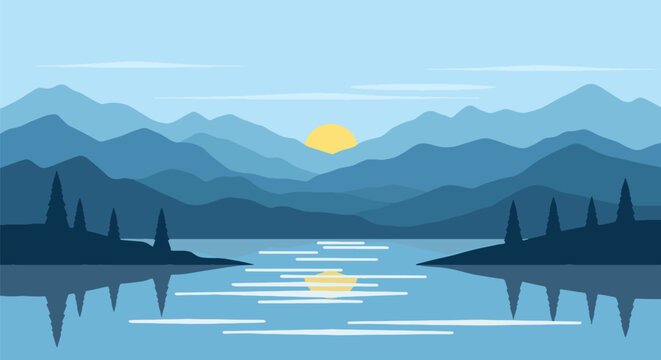 A tranquil mountain lake scene featuring layered blue mountains, a setting sun, and reflections on the water's surface, creating a peaceful and scenic vista.
