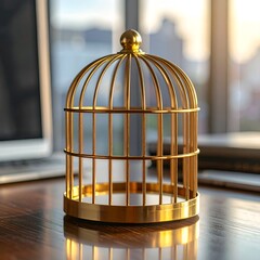 Ornate gold birdcage on wooden desk, soft lighting with cityscape background