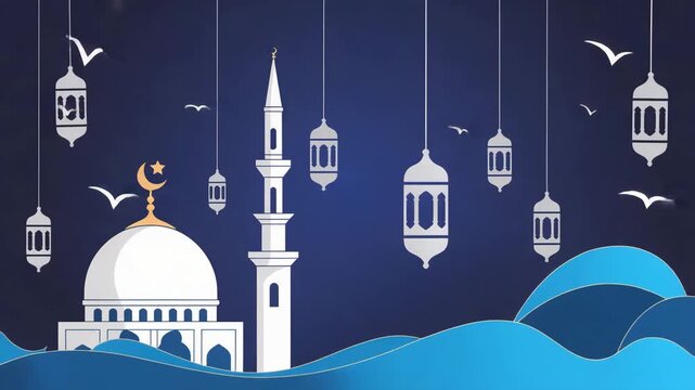 Beautiful mosque with crescent moon and lanterns for Ramadan celebration