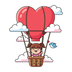 A cheerful girl with pigtails enjoys a ride in a heart-shaped hot air balloon, accompanied by a small blue bird, amidst fluffy white clouds.