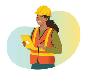 Female Civil Engineer Reviewing Architectural Plans on Digital Tablet. Illustration for International Women's Day.