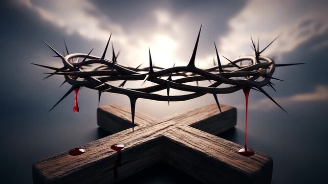 Crown of thorns on wooden cross with blood drops against cloudy sky