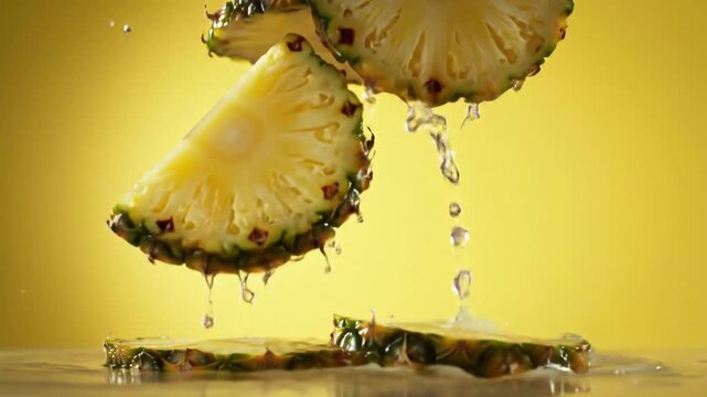 Refreshing pineapple slices splashing with water against a vibrant yellow background