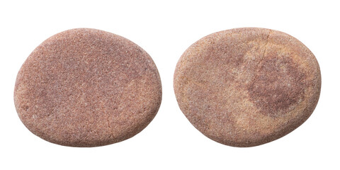 Two different sides of the same stone, isolated on a white background. Close-up of the pebble texture.