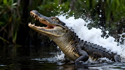 Obraz premium Aggressive Alligator Lunging Out of the Water with Mouth Open and Creating a Splash