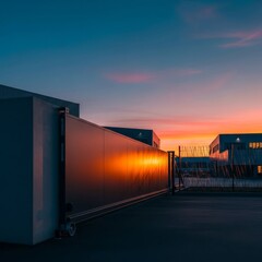 Obraz premium Dramatic wide-angle establishing shot of a modern industrial park perimeter. The security fence features a large, dark anthracite sliding gate in the foreground, fence, modern, cinematic