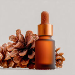 Brown dropper bottle on sand with pine cones and frost