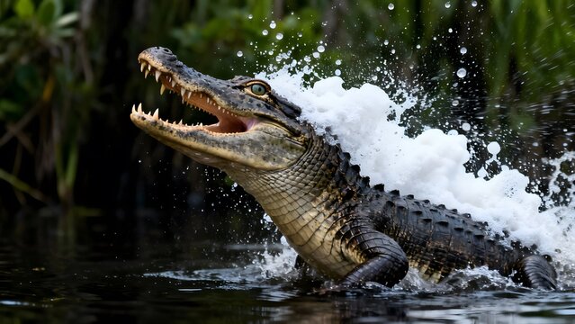 Aggressive Alligator Lunging Out of the Water with Mouth Open and Creating a Splash