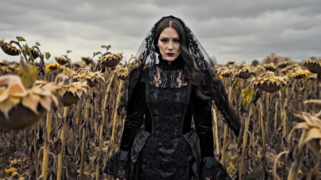 Woman in Black Dress Stands in Sunflower Field.