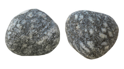 Two different sides of the same stone, isolated on a white background. Close-up of the pebble texture.