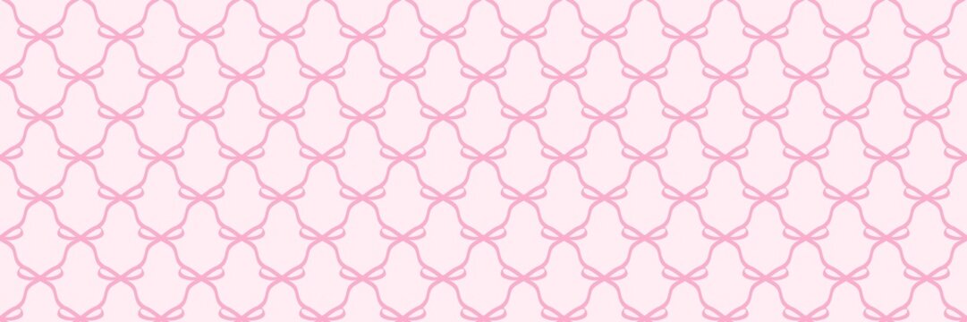 Seamless pink bow ribbon pattern on light background. Elegant feminine trellis lattice design for wallpaper, wrapping paper, textile, and stationery. Cute aesthetic coquette style backdrop.