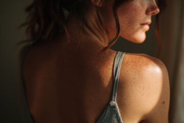 Woman Back View with Freckles in Natural Sunlight Body Positive