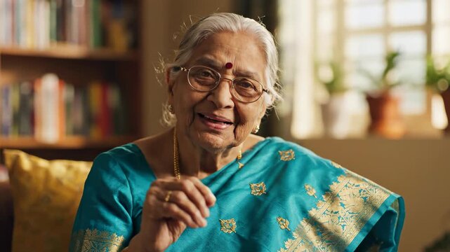 Elderly Indian Woman Waving Hello and Smiling Warmly.