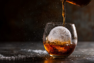 Whiskey Pouring Over Ice Sphere in Glass Luxury Drink