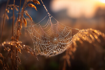 Morning Dew Drops on Spider Web Golden Hour Backlight