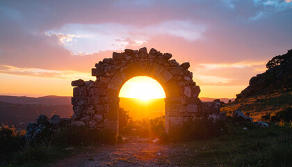 Fototapeta premium Old stone arch in wild nature, glowing sunset sky behind, mystical portal vibe, ancient ruins, breathtaking