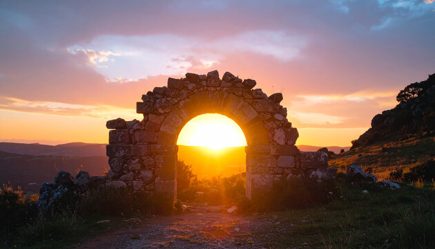 Old stone arch in wild nature, glowing sunset sky behind, mystical portal vibe, ancient ruins, breathtaking