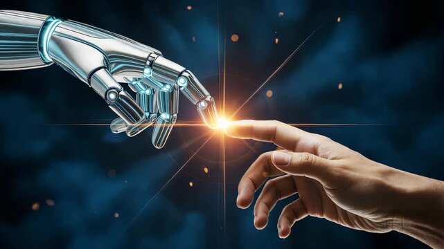 Human and robot hands touching with glowing connection between them