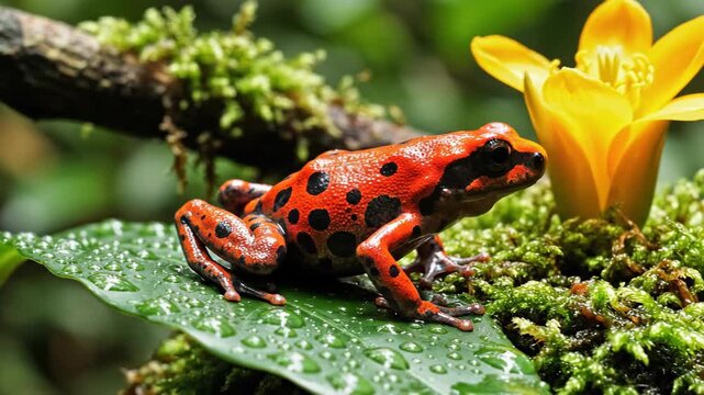 Red and black poison dart frog on a wet green leaf with a yellow flower. Wildlife amphibian in tropical rain forest habitat.