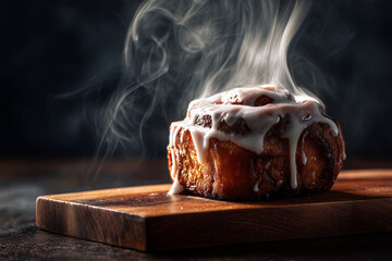 Freshly Baked Cinnamon Roll with Icing Dripping Close Up