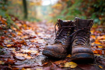 Worn Hiking Boots on Forest Trail with Autumn Leaves