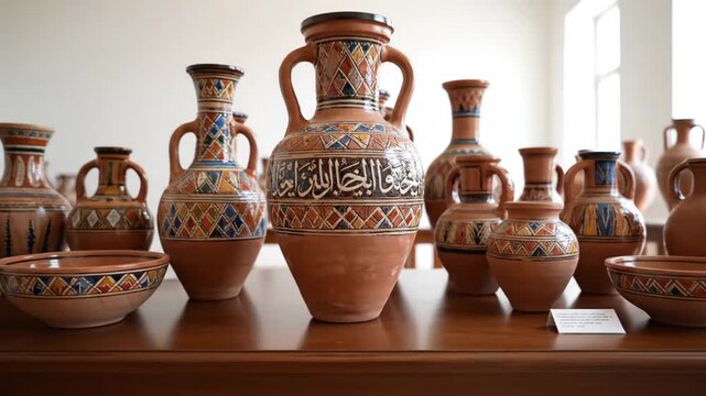 Handcrafted ceramic pottery with intricate patterns and arabic calligraphy displayed on wooden shelves, showcasing ancient art form.