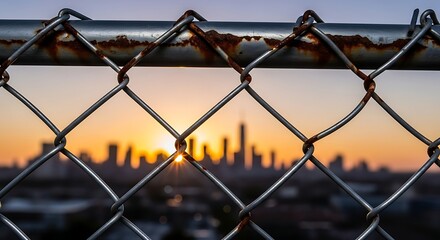 Urban sunrise seen through a rusty chain-link fence, symbolizing barriers and new beginnings in the city