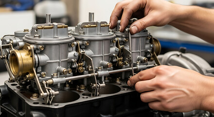 Mechanic hands carefully adjusting vintage carburetor linkage assembly on multi cylinder engine block in restoration shop