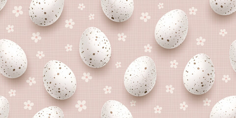 Pink Beige Happy Easter background with realistic 3D eggs in seamless pattern. Vibrant spring design ideal for greeting cards, posters, and seasonal decorations with floral elements