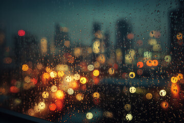 Rain Drops on Window with Blurred City Lights Bokeh