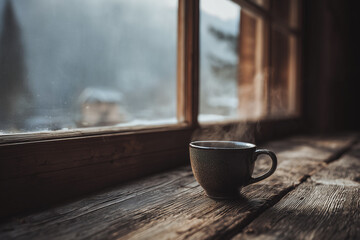 Steaming Coffee Cup on Rustic Wooden Table Morning Light
