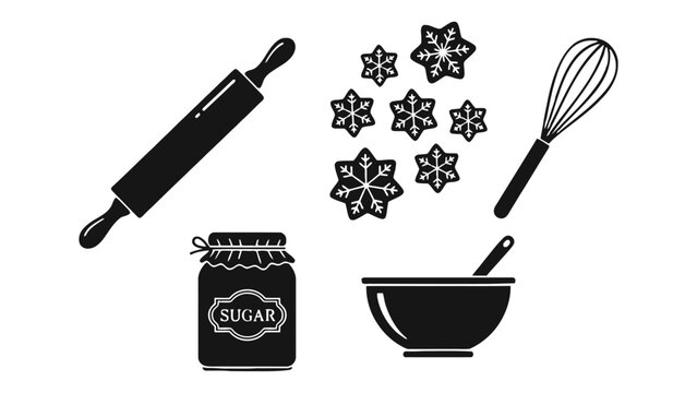Black and white illustration of baking tools and ingredients for sweet treats