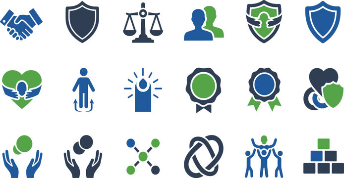 Trust and Security Icon Set with Protection Shields, Partnership, Justice, Care, Community, and Corporate Responsibility Symbols for Business and Nonprofit Designs