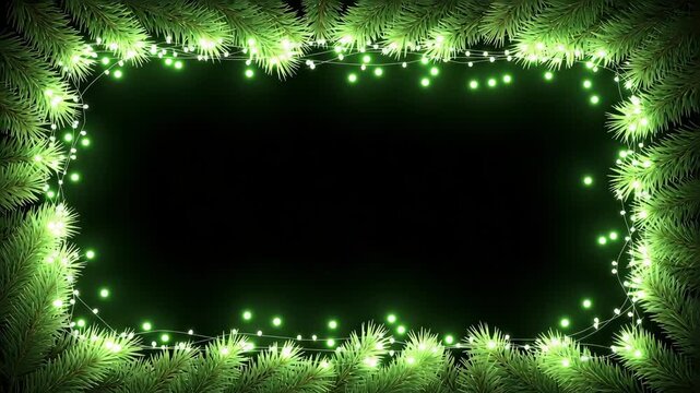 Christmas tree branches with glowing green fairy lights frame