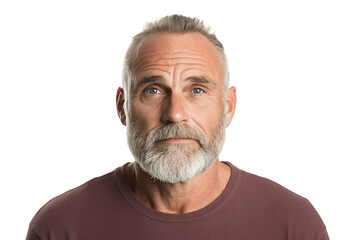 Obraz premium Portrait of a mature man with a thoughtful expression and a distinguished beard on a white background.