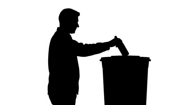 Man disposing waste into a trash can from a side viewpoint