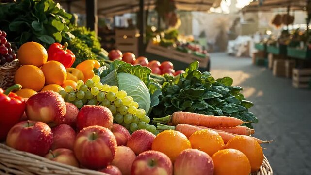 Fresh produce at vibrant outdoor market with assorted fruits and vegetables