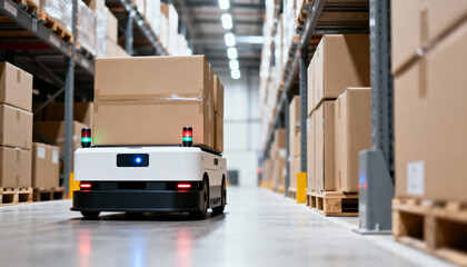 Fototapeta premium An autonomous mobile robot transports stacked boxes down a high-rack aisle in a modern automated warehouse.