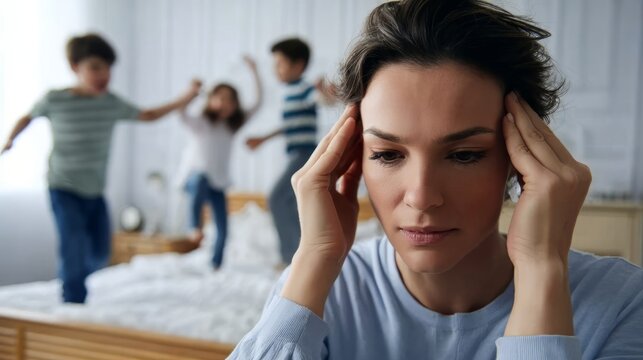 Woman with headache feeling stressed while children play loudly in background. Exhausted mother or nanny suffering from migraine at home concept.