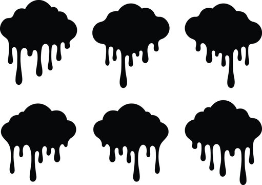 Six black dripping cloud shapes on a white background liquid paint