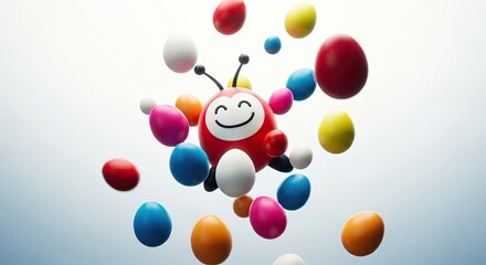 April fools' day cartoon character surrounded by colorful eggs