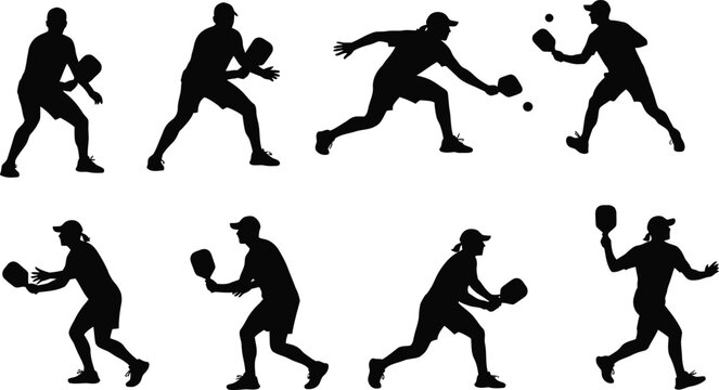 Black silhouettes of people playing pickleball in various dynamic poses on white background