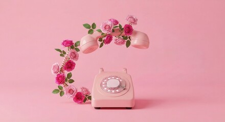 Romantic vintage telephone decorated with pink roses on pastel background love concept