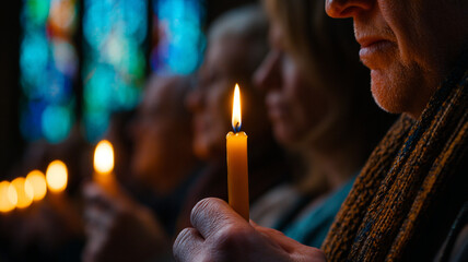Church Service. Parishioners in the church are standing with candles burning.