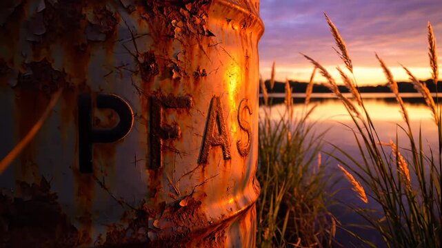 Rusty pfas barrel sits near polluted water lake. Toxic chemical waste pollutes nature during sunset. Dangerous pfas barrel risks local environment. Chemical pollution creates toxic pfas waste dump.