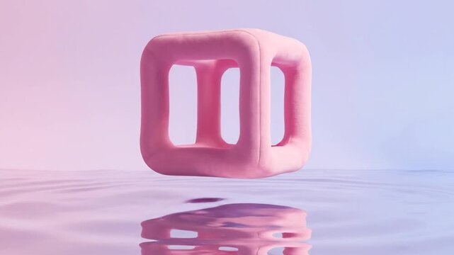 Pink rounded square floats on water backdrop.