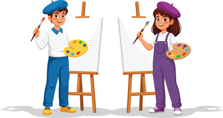 Fototapeta premium Kids Painter Characters with Easel, Brush and Palette Cute Cartoon Illustration Isolated on White